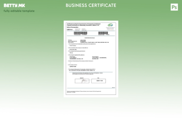 Модерен стил Јужноафрикански сертификат за инкорпорирање Шаблон за Word и PDF